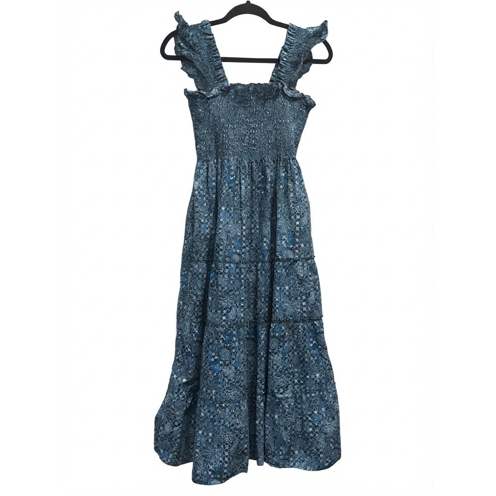 Hill House Home The Ellie Nap Dress Blue Botanical Print Smocked Midi Small